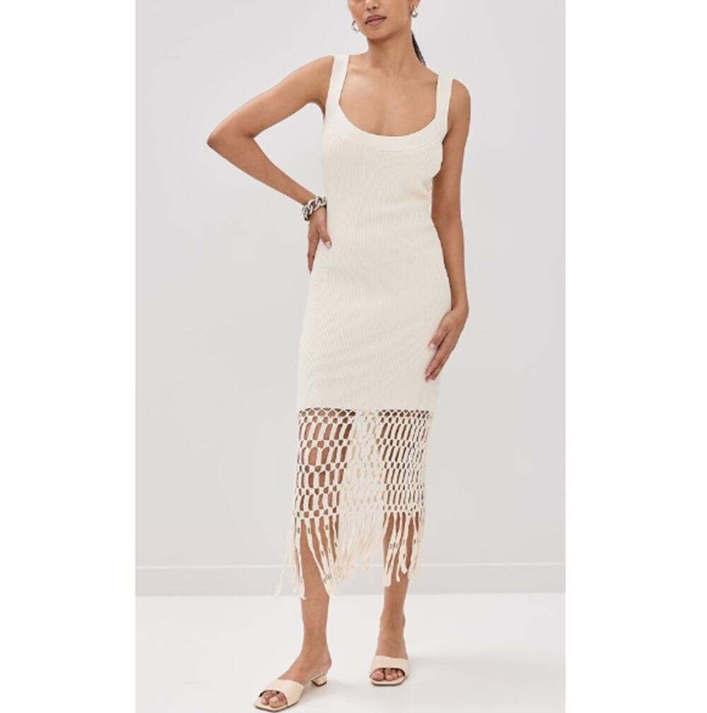 New AMUR Women's Off-White Designer Archie Fringe Crochet Midi Dress Size XS